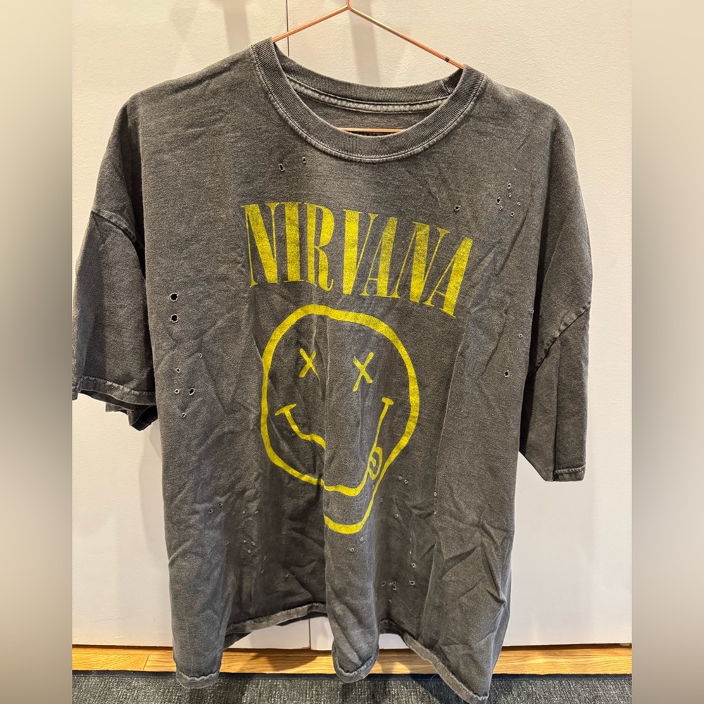 Nirvana Oversized Graphic Tee Gray Distressed